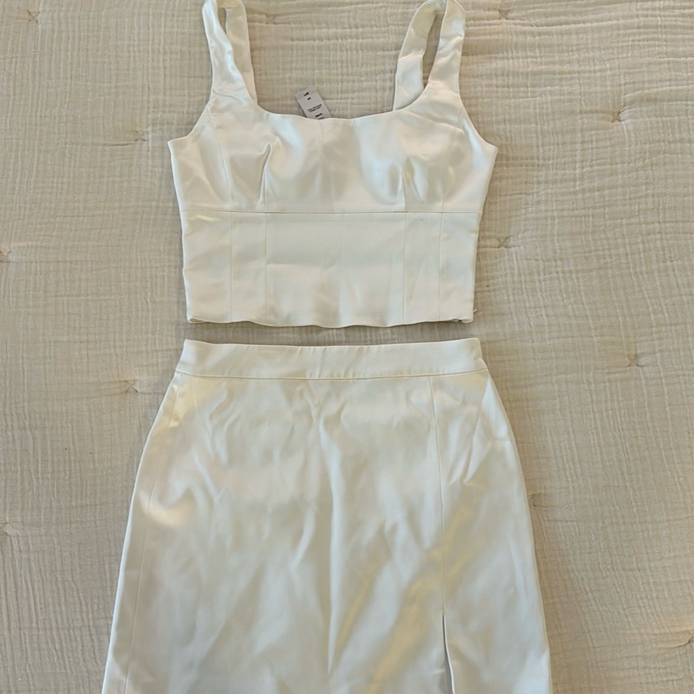 Aritzia Wilfred Light Birch Shine Bustier Top and Patio Satin Skirt Set
